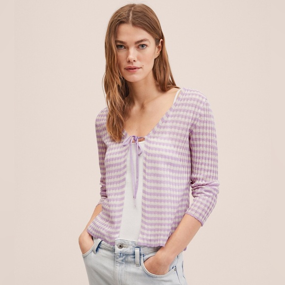 NWT MNG KNITTED CROPPED CARDIGAN STRIPED PURPLE WHITE LIGHTWEIGHT TIE DETAIL - Picture 1 of 11